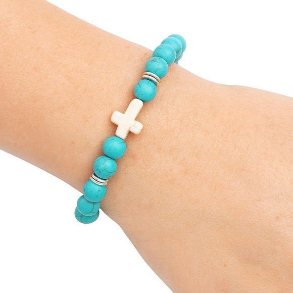 Turquoise Beaded Cross Bracelet – Stretch Elastic Stackable Unisex Jewelry - Picture 2 of 5